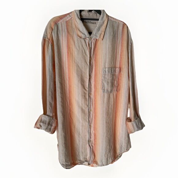 Caribbean Stripe Shirt XL Multi Color Long Sleeve Button Up Linen Cotton - Picture 1 of 12